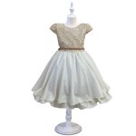 Vestido Juvenil Champanhe Curto Bordado Saia Lisa Com Cinto Dourado 