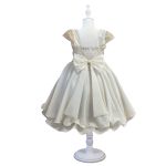 Vestido Juvenil Champanhe Curto Bordado Saia Lisa Com Cinto Dourado 