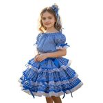 Vestido Conjunto Festa Junina Azul Infantil Xadrez Fitas Babado 
