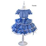 Vestido Conjunto Festa Junina Azul Infantil Xadrez Fitas Babado 
