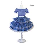 Vestido Conjunto Festa Junina Azul Infantil Xadrez Fitas Babado 