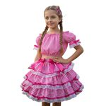 Vestido Conjunto Festa Junina Rosa Infantil Xadrez Fitas Babado