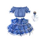 Vestido Conjunto Festa Junina Azul Infantil Xadrez Fitas Babado 