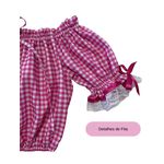 Vestido Conjunto Festa Junina Rosa Infantil Xadrez Fitas Babado