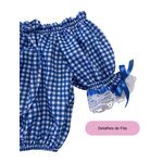 Vestido Conjunto Festa Junina Azul Infantil Xadrez Fitas Babado 