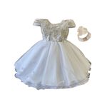 Vestido De Bebê Batizado Menina Champanhe Com Faixa Cabelo