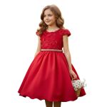 Vestido Juvenil Vermelho Com Aplicações De Flores Elegante 