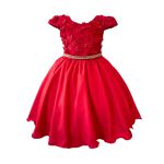 Vestido Juvenil Vermelho Com Aplicações De Flores Elegante 