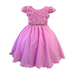 Vestido Juvenil Rosa Com Aplicações De Flores Elegante