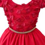 Vestido Juvenil Vermelho Com Aplicações De Flores Elegante 