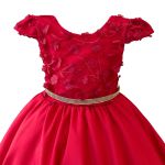 Vestido Juvenil Vermelho Com Aplicações De Flores Elegante 