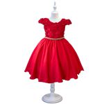 Vestido Juvenil Vermelho Com Aplicações De Flores Elegante 