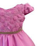 Vestido Juvenil Rosa Com Aplicações De Flores Elegante