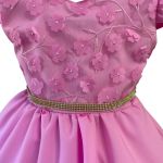 Vestido Juvenil Rosa Com Aplicações De Flores Elegante