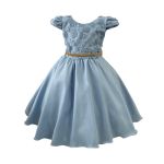 Vestido Juvenil Azul Bebe Com Aplicações De Flores Elegante 