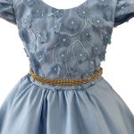 Vestido Juvenil Azul Bebe Com Aplicações De Flores Elegante 