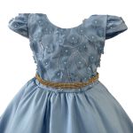 Vestido Juvenil Azul Bebe Com Aplicações De Flores Elegante 