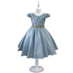 Vestido Juvenil Azul Bebe Com Aplicações De Flores Elegante 