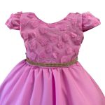 Vestido Juvenil Rosa Com Aplicações De Flores Elegante