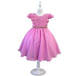 Vestido Juvenil Rosa Com Aplicações De Flores Elegante