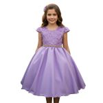 Vestido Juvenil Lilás Com Aplicações De Flores Elegante 