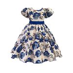 Vestido Infantil Flora Azul Estampado Flores Passarinho Primavera