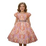 Vestido Infantil Flora Laranja Estampado Flores Passarinho Primavera 