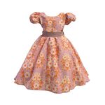 Vestido Infantil Flora Laranja Estampado Flores Passarinho Primavera 