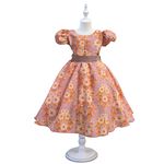 Vestido Infantil Flora Laranja Estampado Flores Passarinho Primavera 