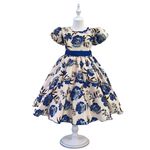 Vestido Infantil Flora Azul Estampado Flores Passarinho Primavera