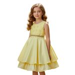Vestido Infantil Amarelo Curto Elegante Com Aplique Flores + Tiara