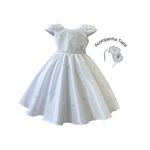 Vestido Infantil Rendado Curto Flores Na Saia + Tiara Flor