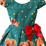 Vestido Juvenil Infantil Verde de Urso Menina Estampa Natal