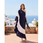 VESTIDO MANGA ÚNICA AZUL MARINHO E BRANCO 