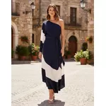 VESTIDO MANGA ÚNICA AZUL MARINHO E BRANCO 