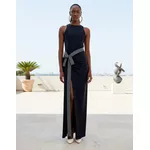 VESTIDO PRETO LONGO COM FENDA E APLICAÇÕES DE BRILHO