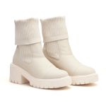 Bota Coturno Feminino Cano Alto Meia Salto Médio Off White