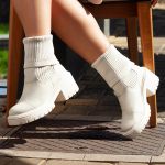Bota Coturno Feminino Cano Alto Meia Salto Médio Off White