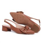 Scarpin Slingback Alexia Laço Esferas Bico Fino Caramelo