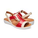 Sandália com Velcro Couro Creme com Vermelho Levecomfort 