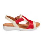 Sandália com Velcro Couro Creme com Vermelho Levecomfort 