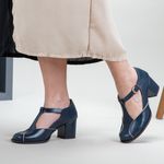 Sapato Retro Feminino de couro cor Marinho com salto bloco cod. 211616