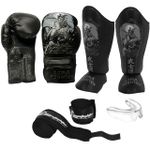 Kit Luva Boxe Muay Thai + Protetor Bocal + Protetor de Canela Lima Fighter Samurai 