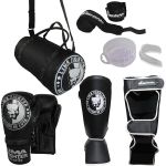 Kit Luva Boxe Muay Thai + Protetor Bocal + Protetor de Canela + Bandagem + Bolsa Academia para diversos treinos, Lima Fighter 
