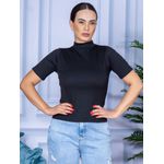 Camiseta Gola Alta Manga Curta Canelada Preto