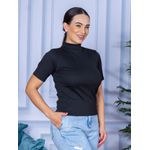 Camiseta Gola Alta Manga Curta Canelada Preto