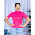 Camiseta Gola Alta Manga Curta Canelada Pink