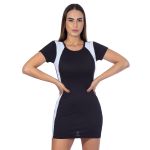 Vestido Canelado Manga Curta Preto com Branco