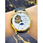 PTK PHILIPPE GENEVE CAIXARIA DOURADO FUNDO BRANCO PULSEIRA PRETA LINHA PREMIUM