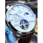 PTK PHILIPPE GENEVE TOURBILLON PERPETUEL LINHA PREMIUM AUTOMÁTICO FUNDO BRANCO PULSEIRA COURO MARROM
